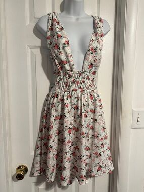 Deep V Floral Mini Dress in White and Pink